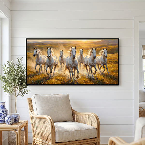 7 White Horses Running at Sunset — framed canvas art hung on a wall