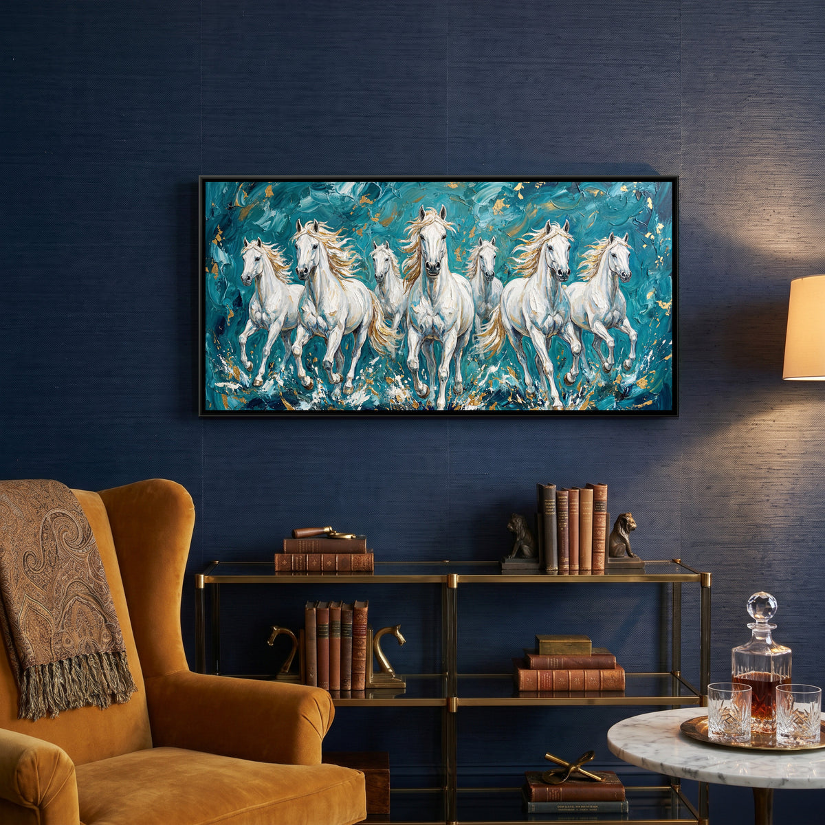 7 Horses — canvas art shown in a styled room