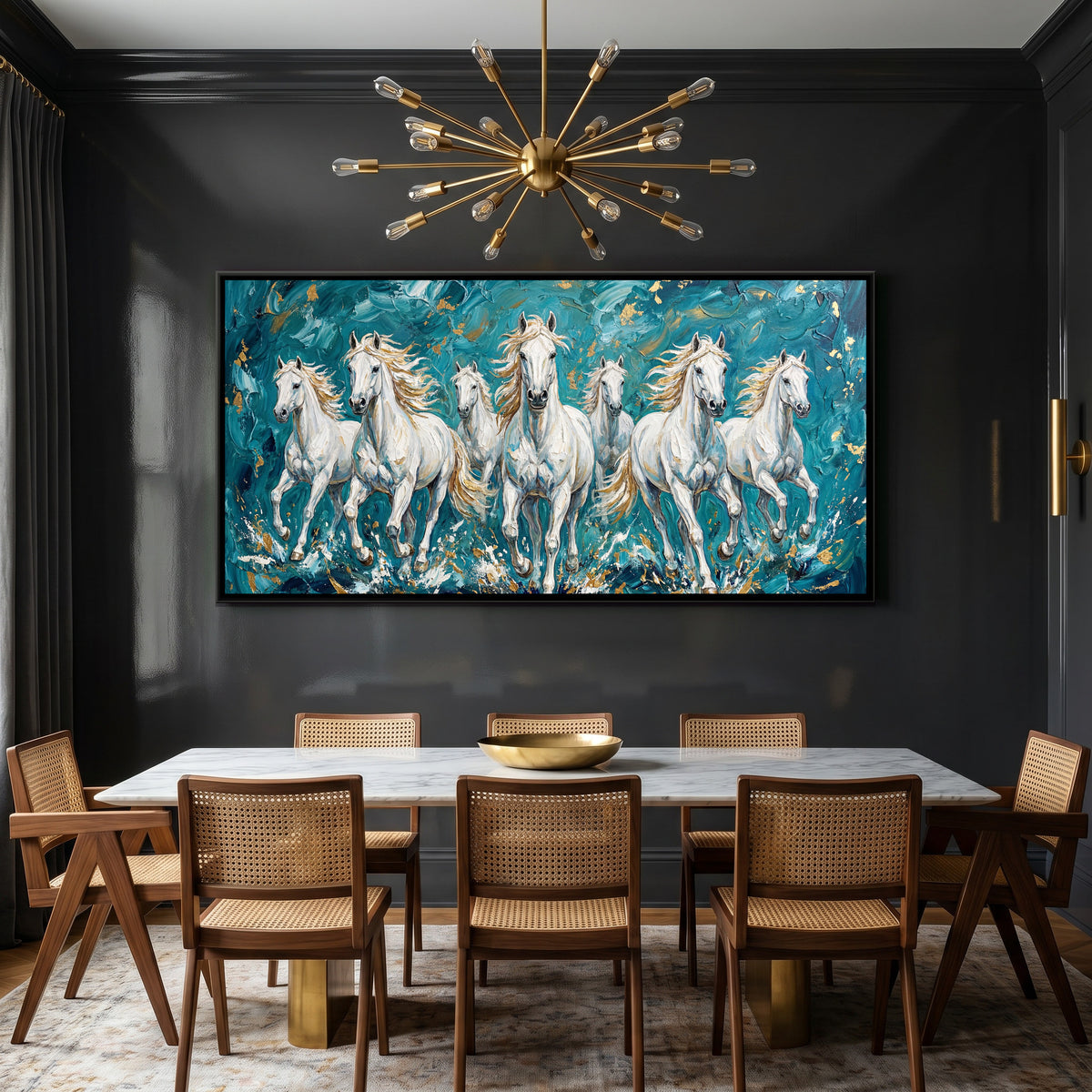 7 Horses — canvas art shown in a second room setting