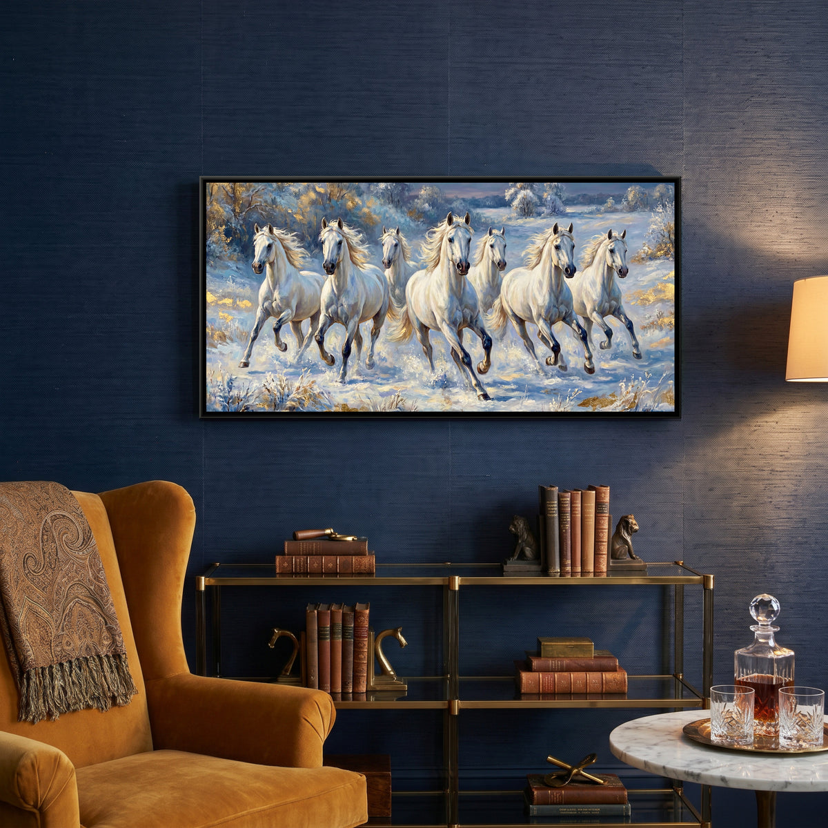 7 Horses — canvas art shown in a styled room