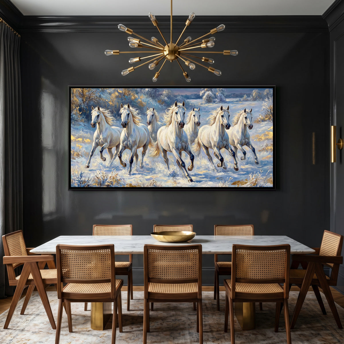 7 Horses — canvas art shown in a second room setting