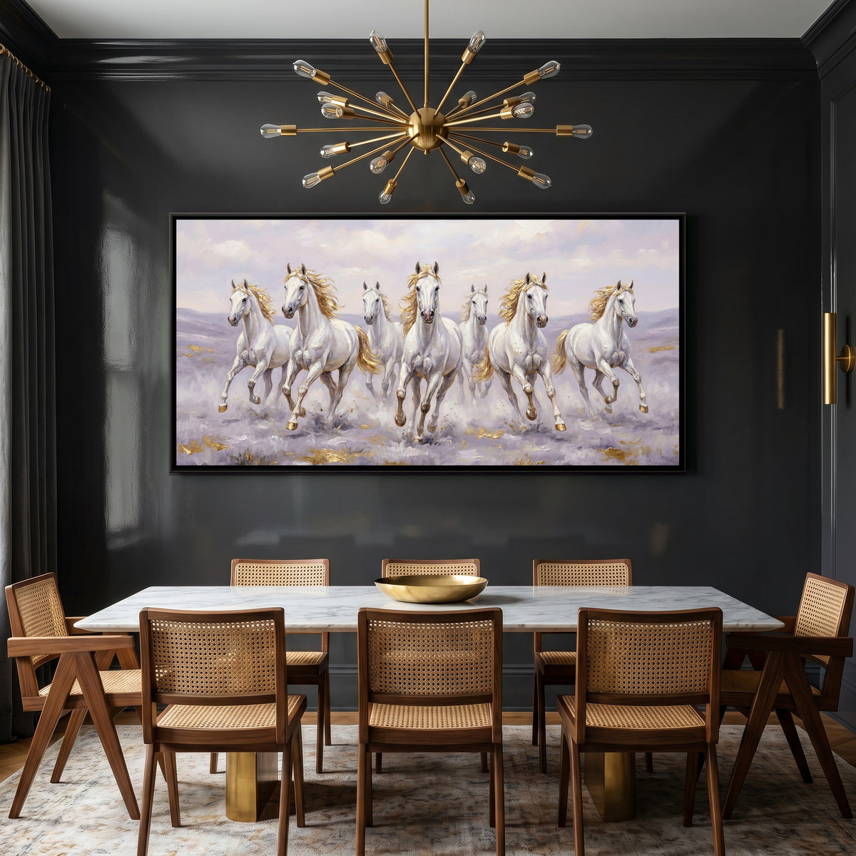7 Horses — canvas art shown in a styled room