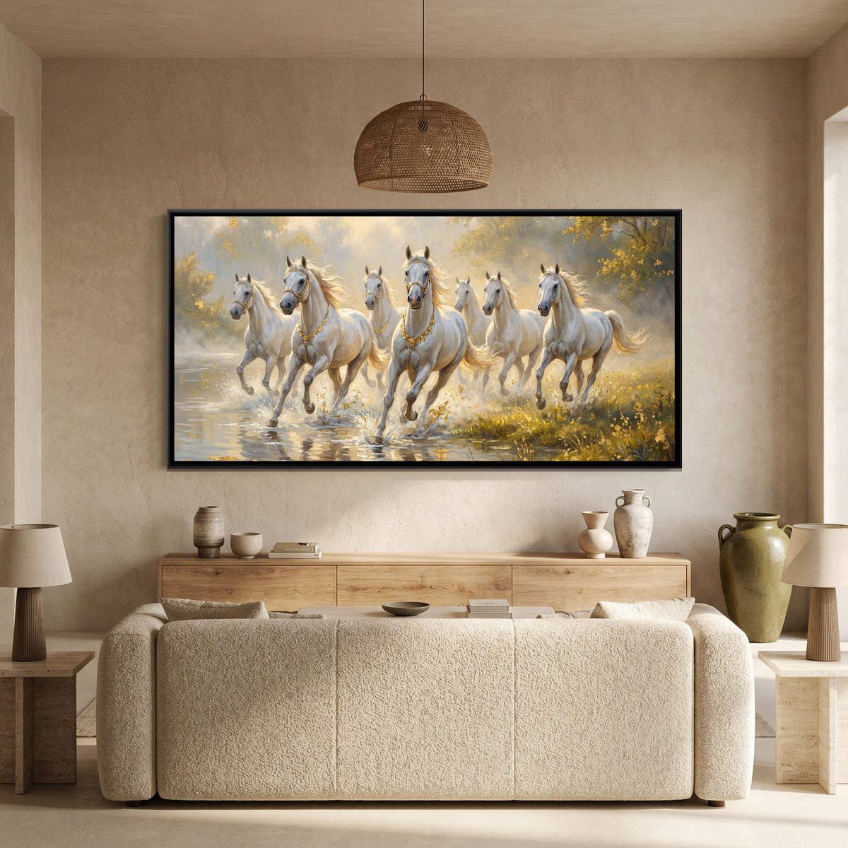 7 Horses — canvas art shown in a styled room