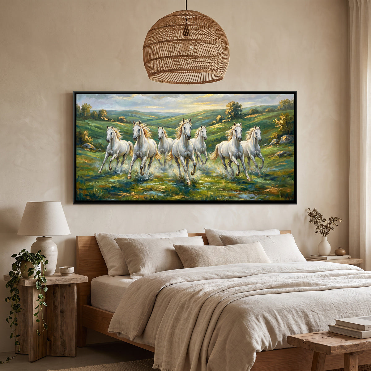 7 Horses — canvas art shown in a styled room