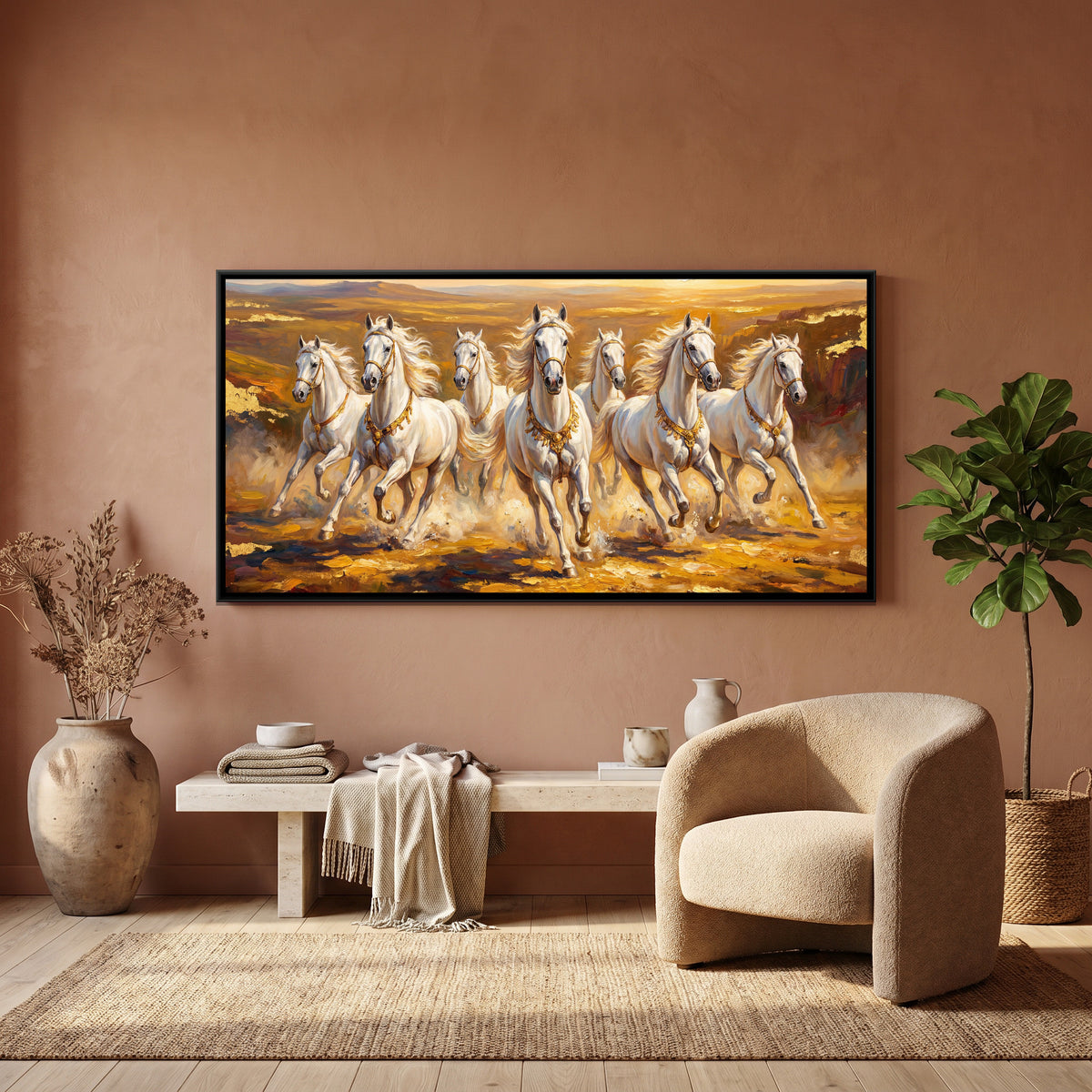 7 Horses — canvas art shown in a second room setting