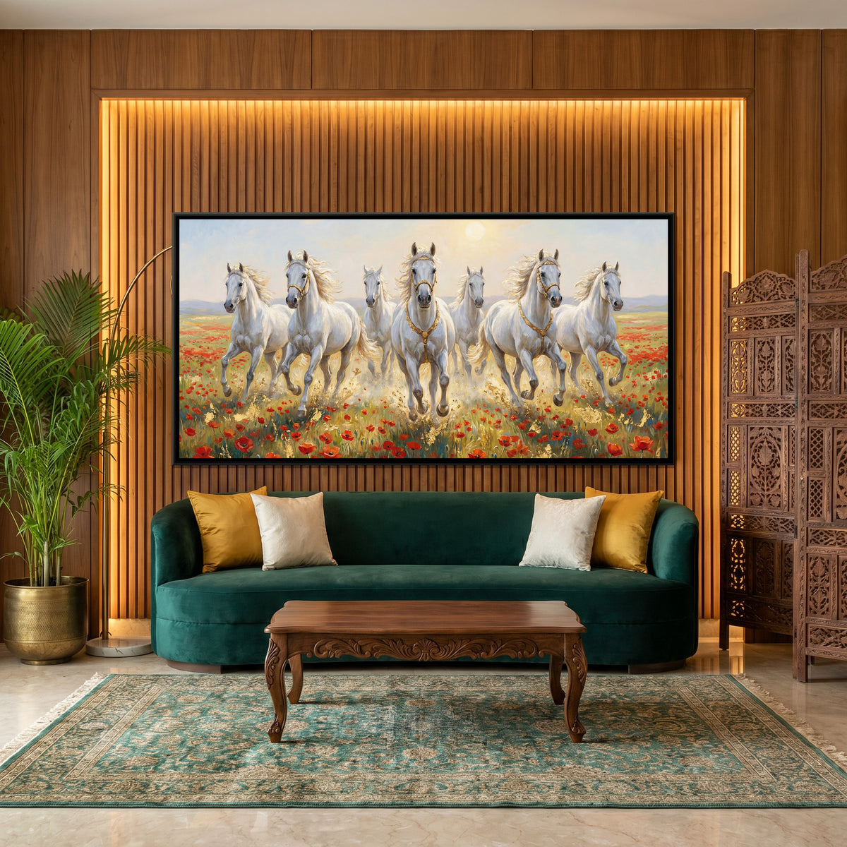 7 Horses — canvas art shown in a styled room