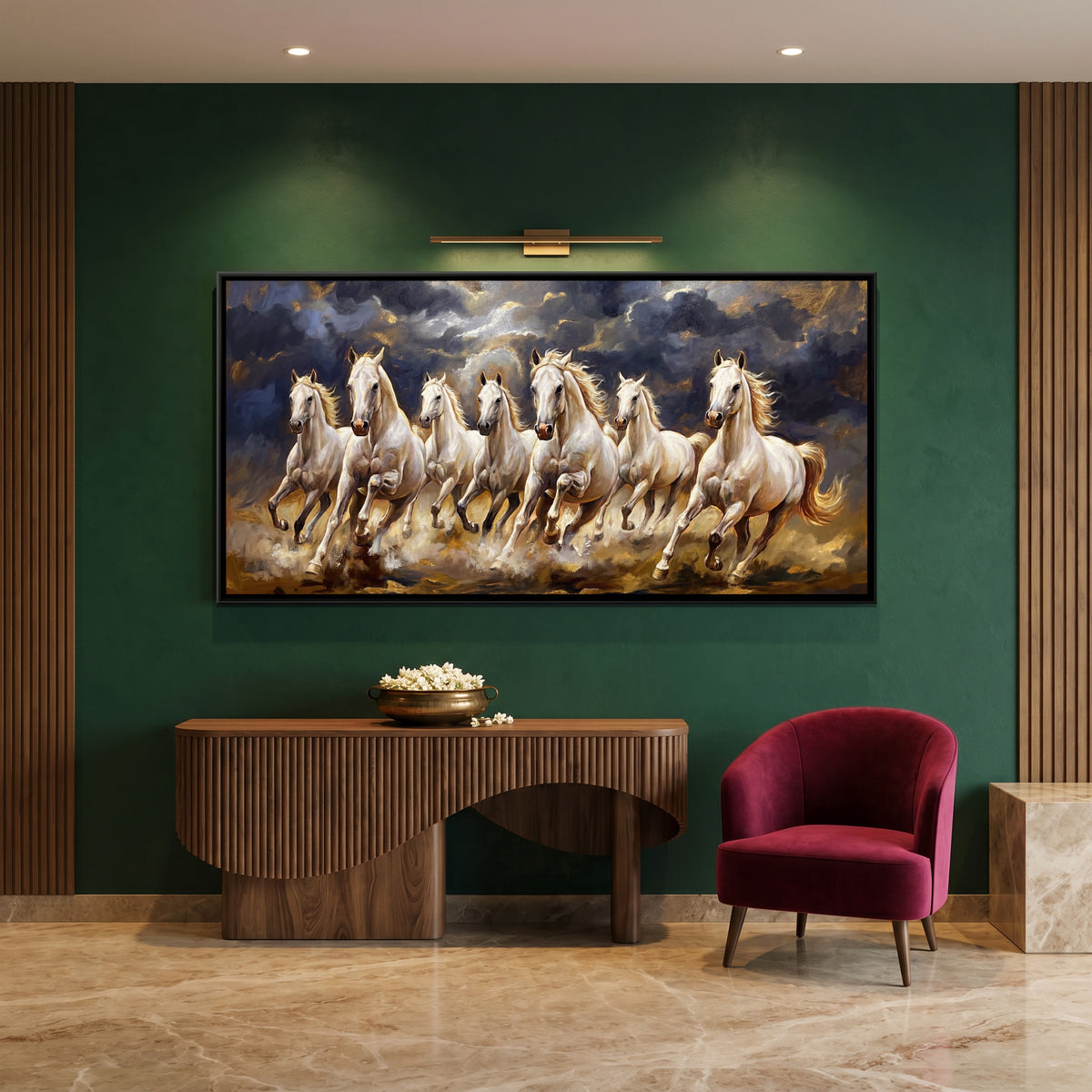 7 Horses — canvas art shown in a styled room