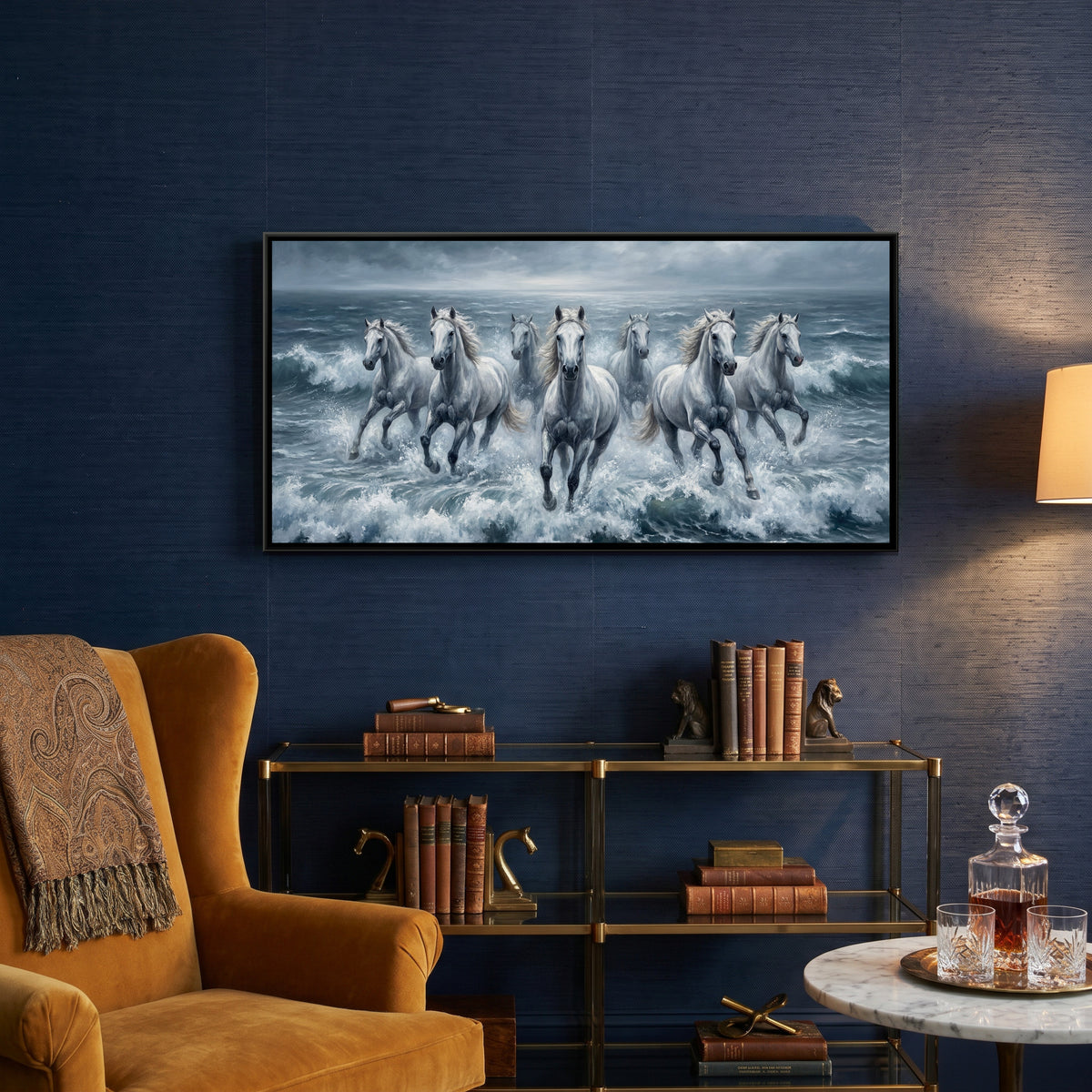 7 Horses — canvas art shown in a styled room