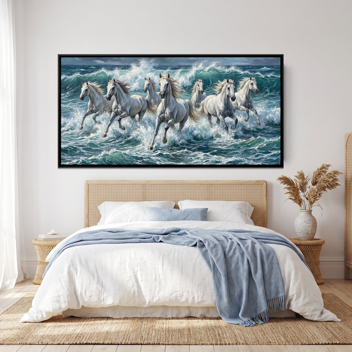 7 Horses — canvas art shown in a second room setting