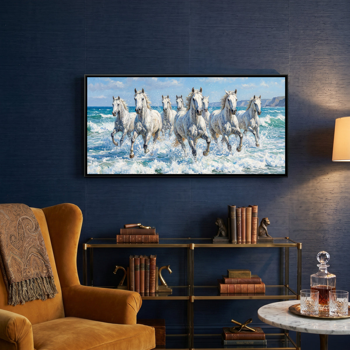 7 Horses — canvas art shown in a styled room