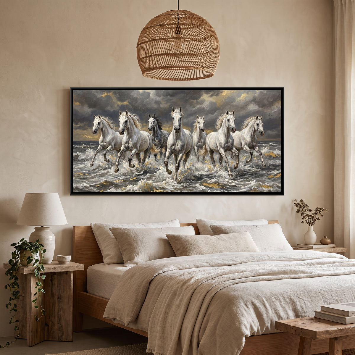 7 Horses — canvas art shown in a styled room