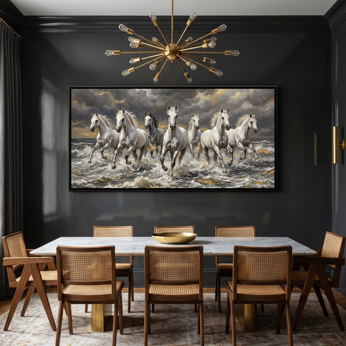 7 Horses — canvas art shown in a second room setting