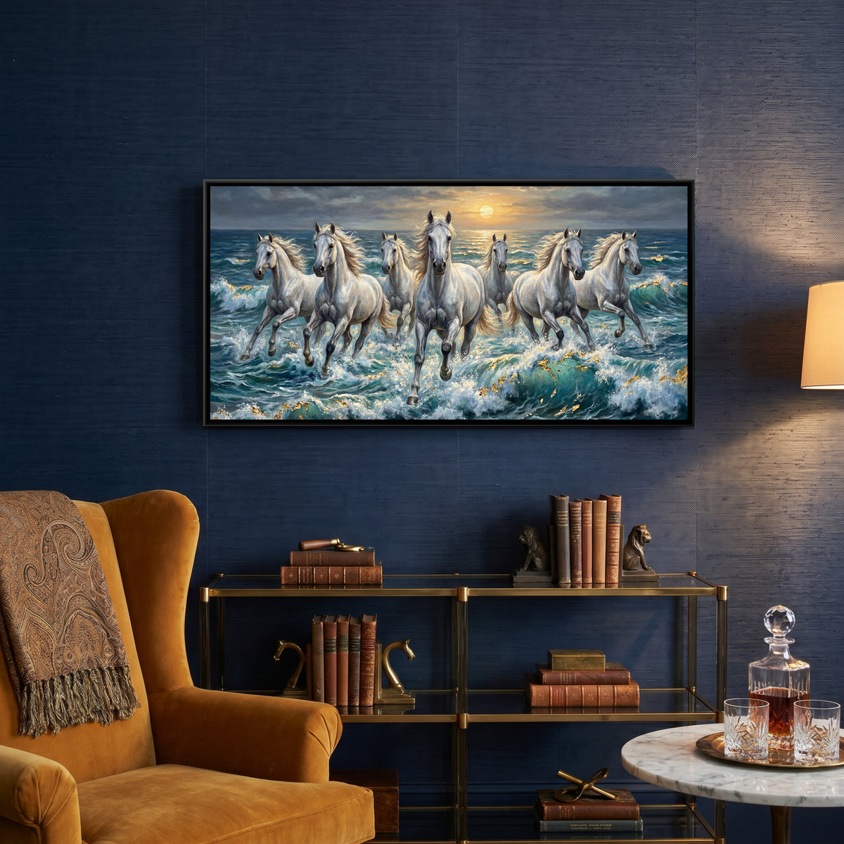 7 Horses — canvas art shown in a styled room