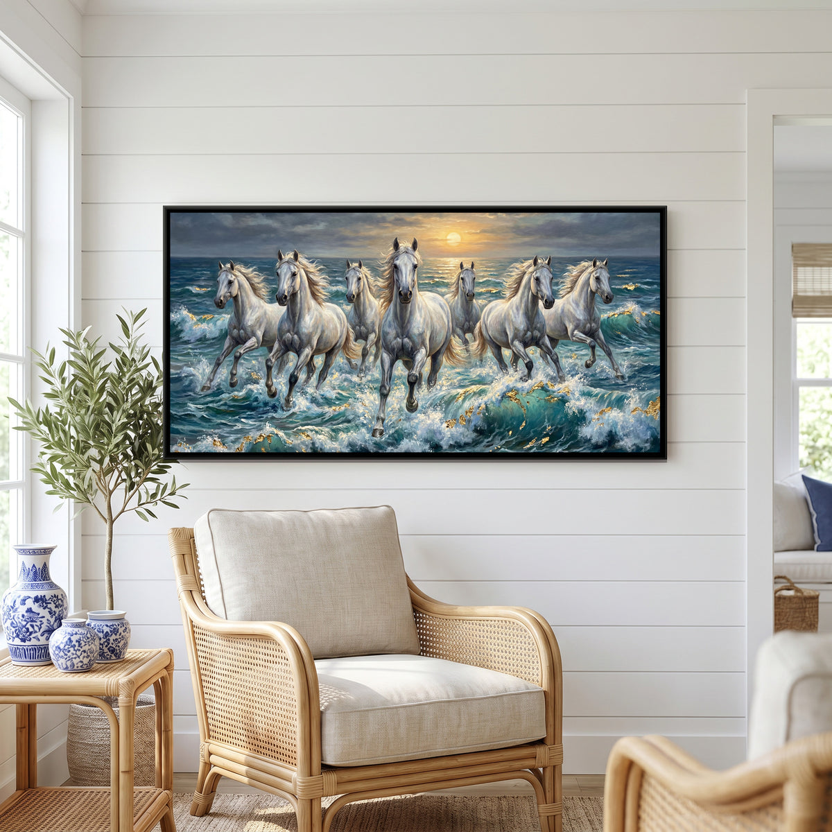 7 Horses — canvas art shown in a second room setting