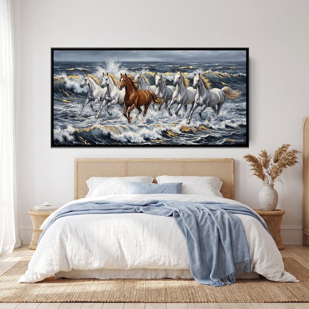 7 Horses — canvas art shown in a second room setting