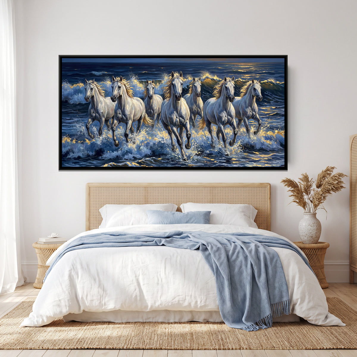 7 Horses — canvas art shown in a second room setting