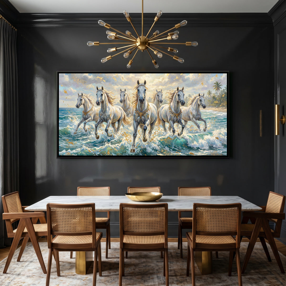 7 Horses — canvas art shown in a styled room