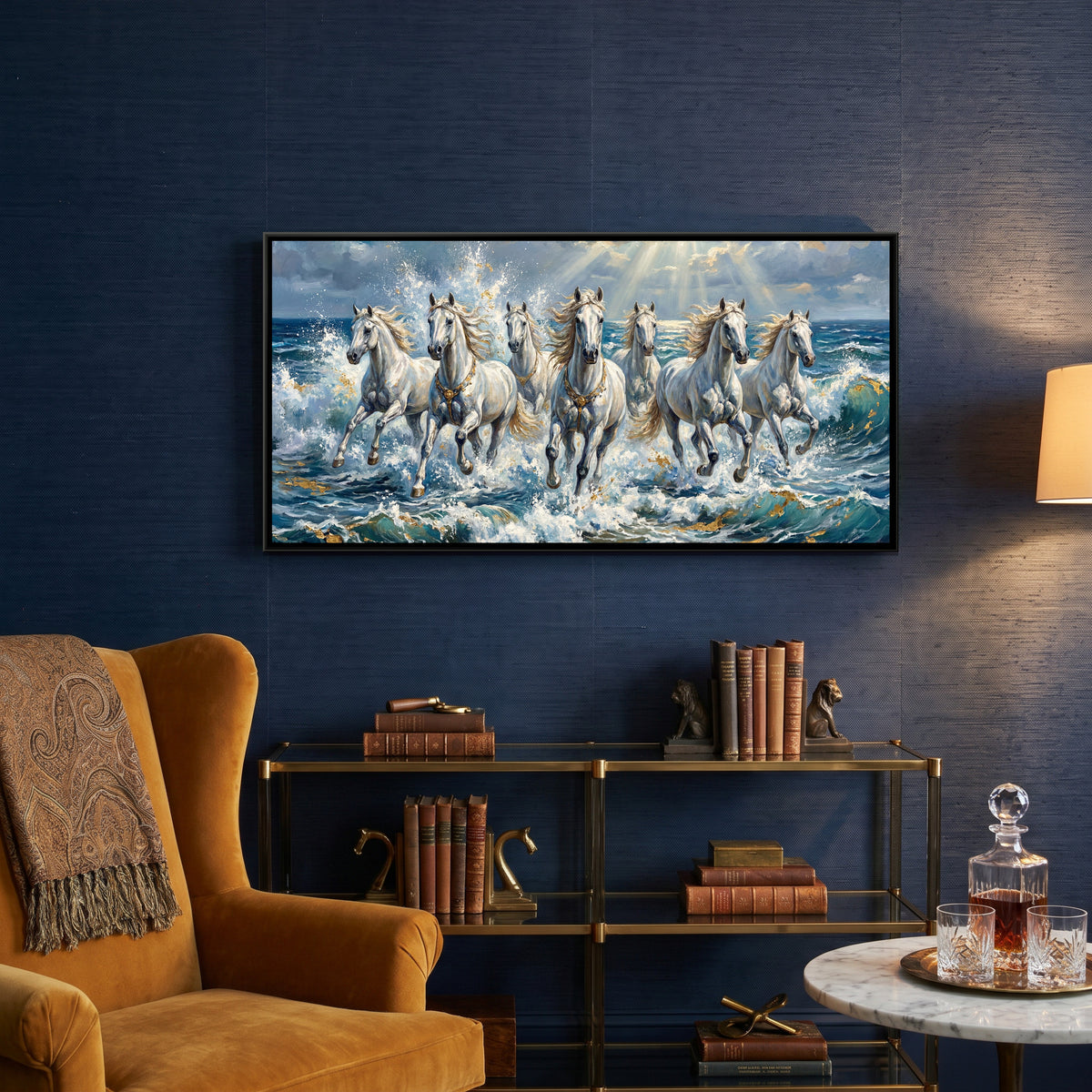 7 Horses — canvas art shown in a styled room