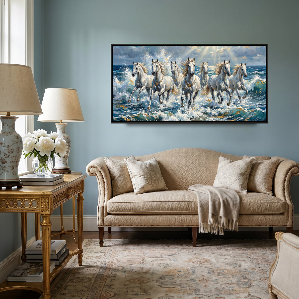 7 Horses — canvas art shown in a second room setting