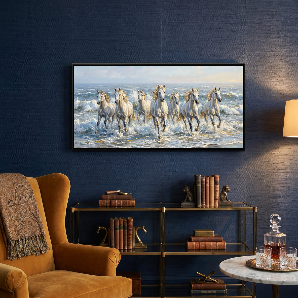 7 Horses — canvas art shown in a styled room