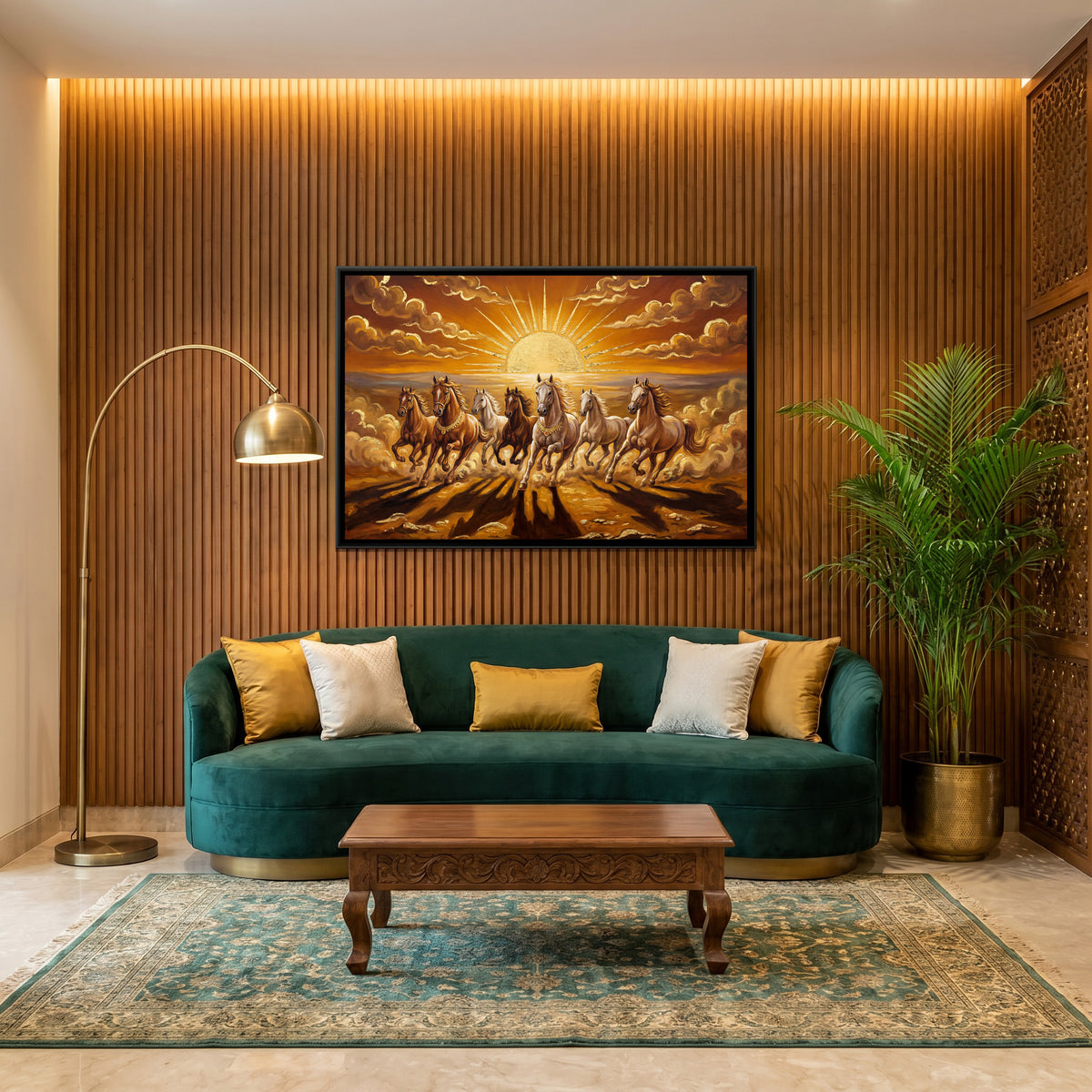 7 Horses — canvas art shown in a second room setting