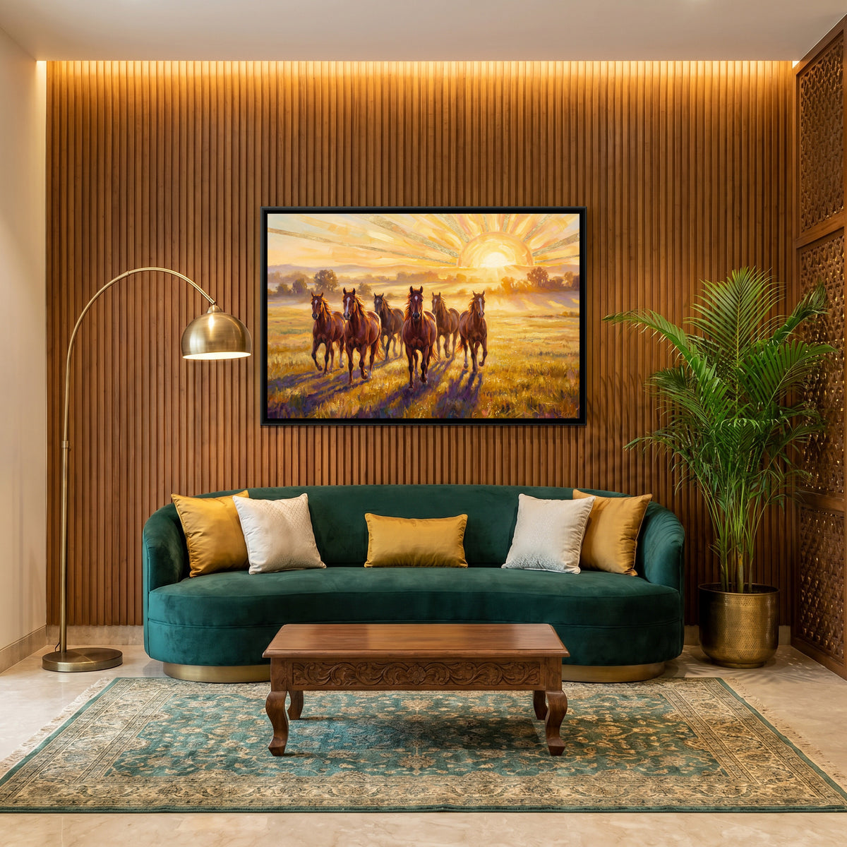 7 Horses — canvas art shown in a second room setting