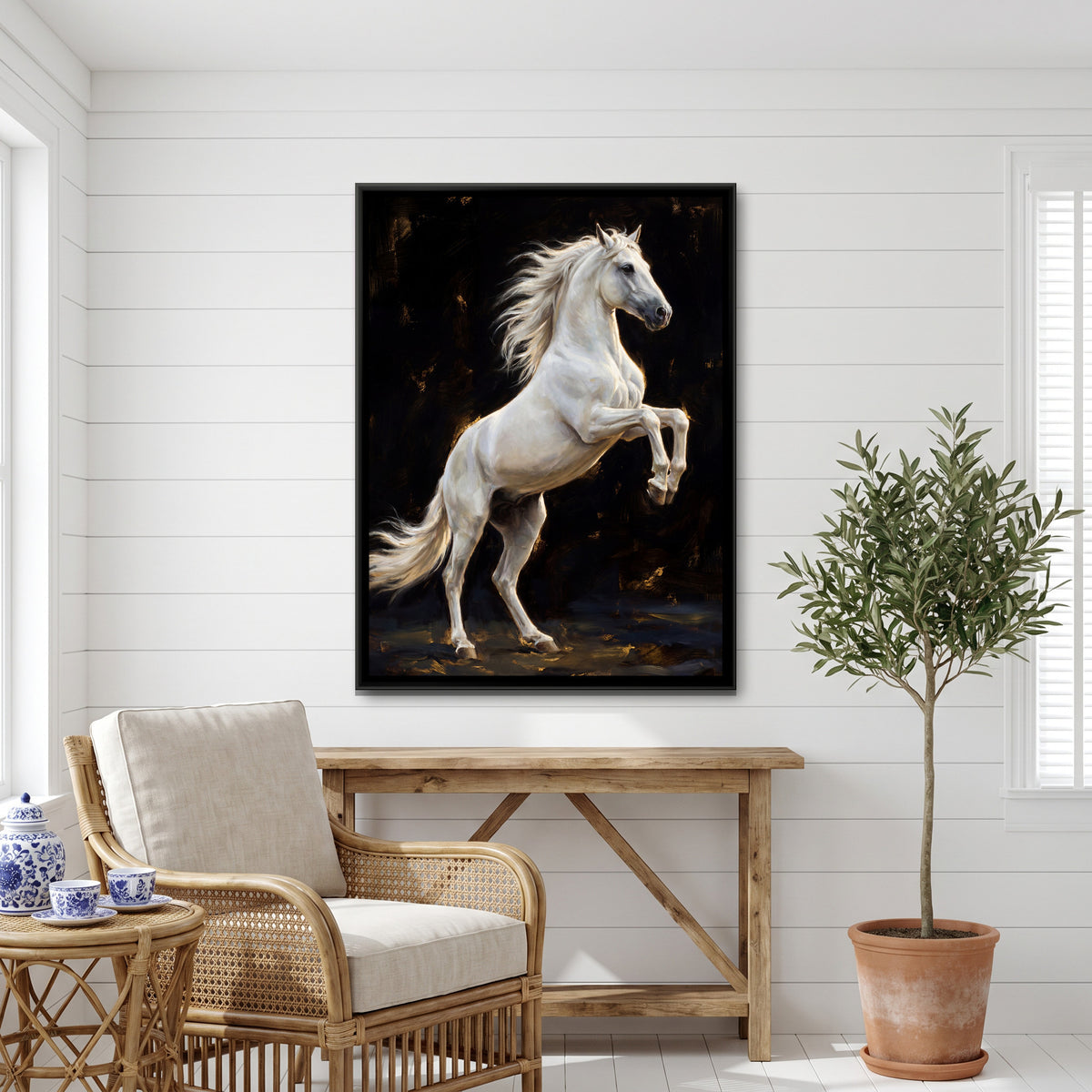 Rearing White Horse — canvas art shown in a second room setting