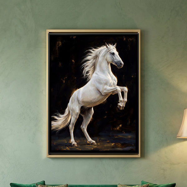 Rearing White Horse — framed canvas art hung on a wall