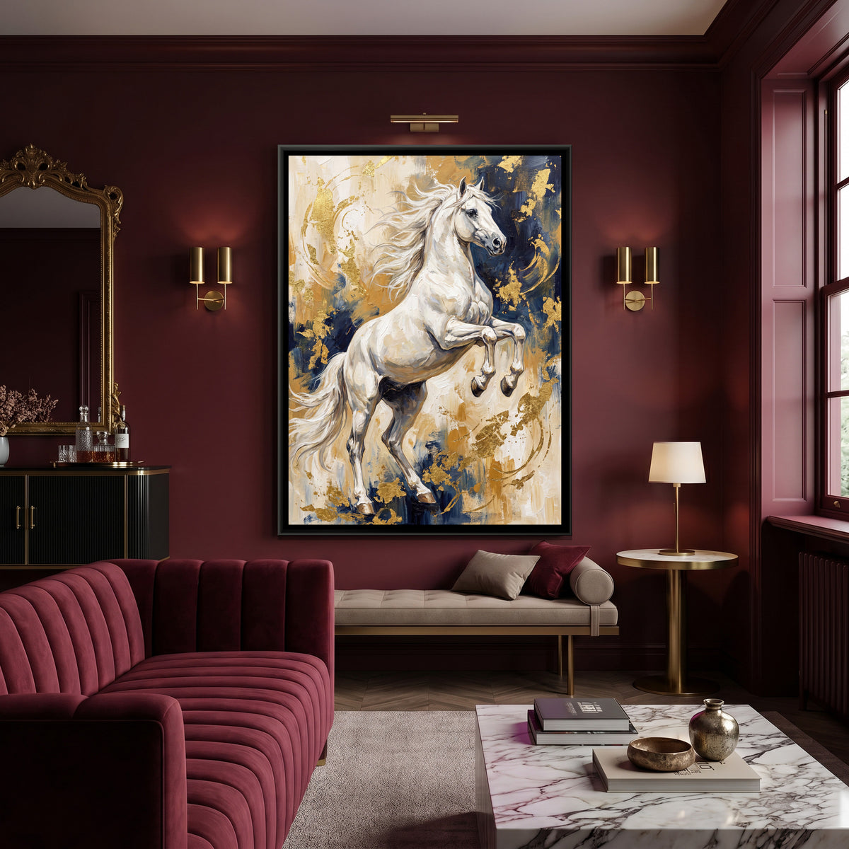 Rearing White Horse — canvas art shown in a styled room