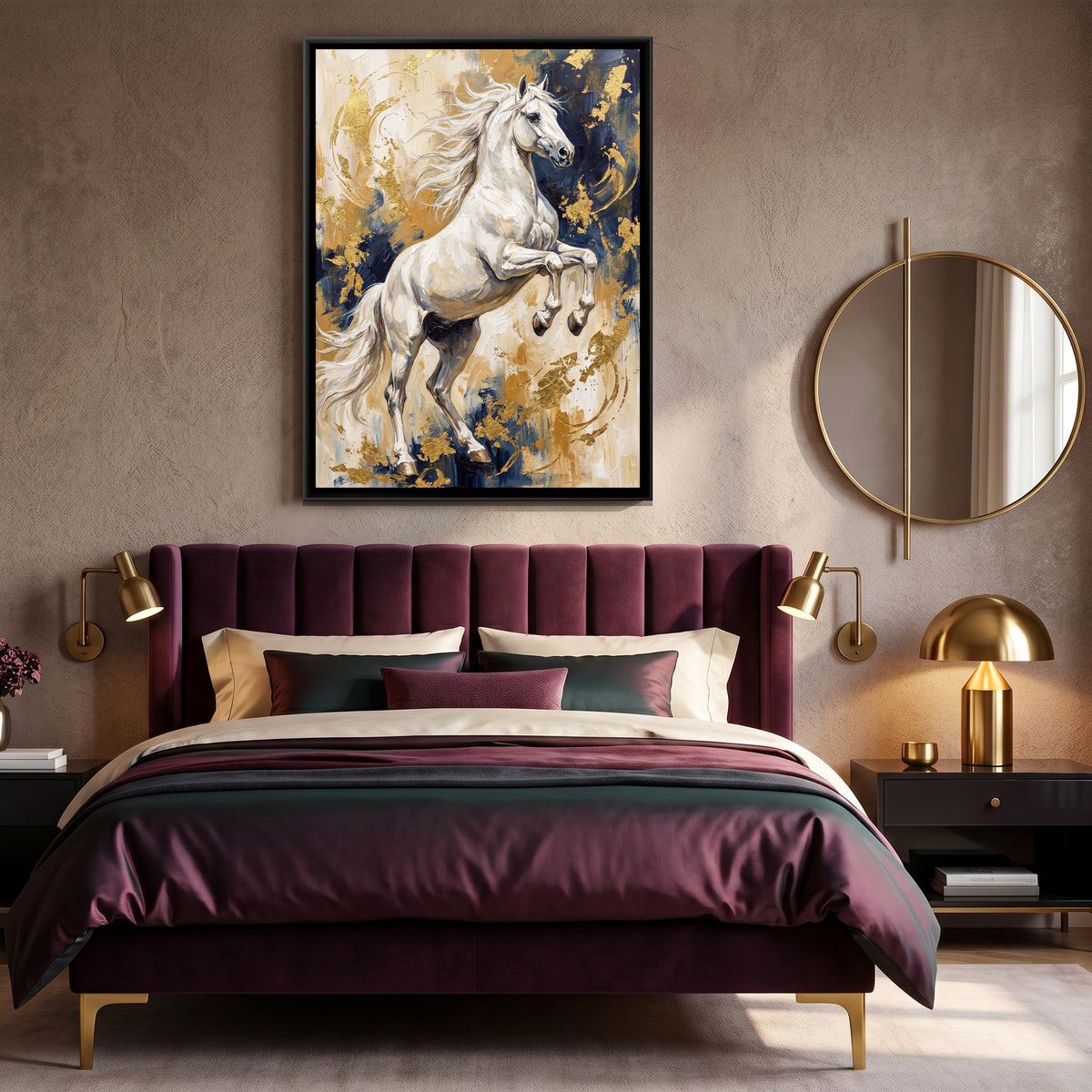 Rearing White Horse — canvas art shown in a second room setting
