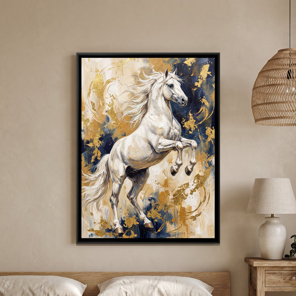 Rearing White Horse — framed canvas art hung on a wall
