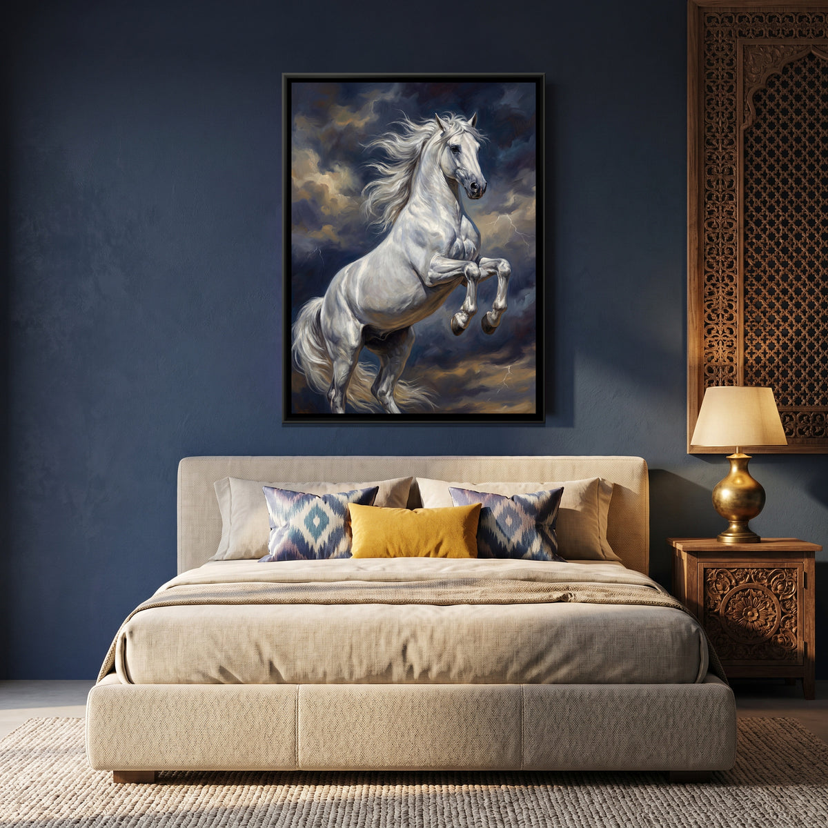 Rearing White Horse — canvas art shown in a second room setting