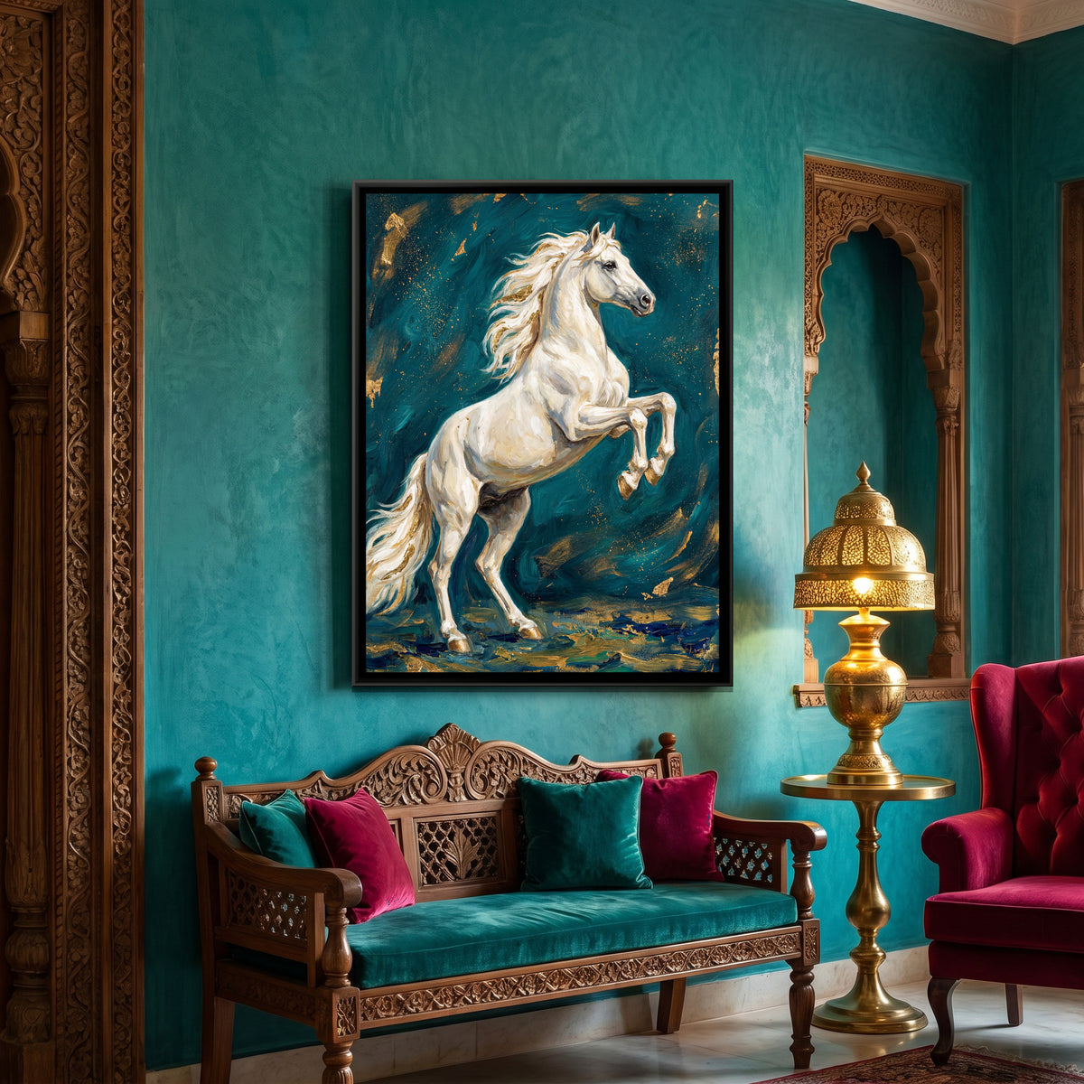 Rearing White Horse — canvas art shown in a styled room