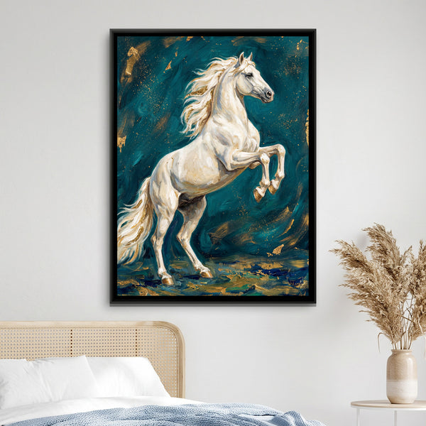Rearing White Horse — framed canvas art hung on a wall