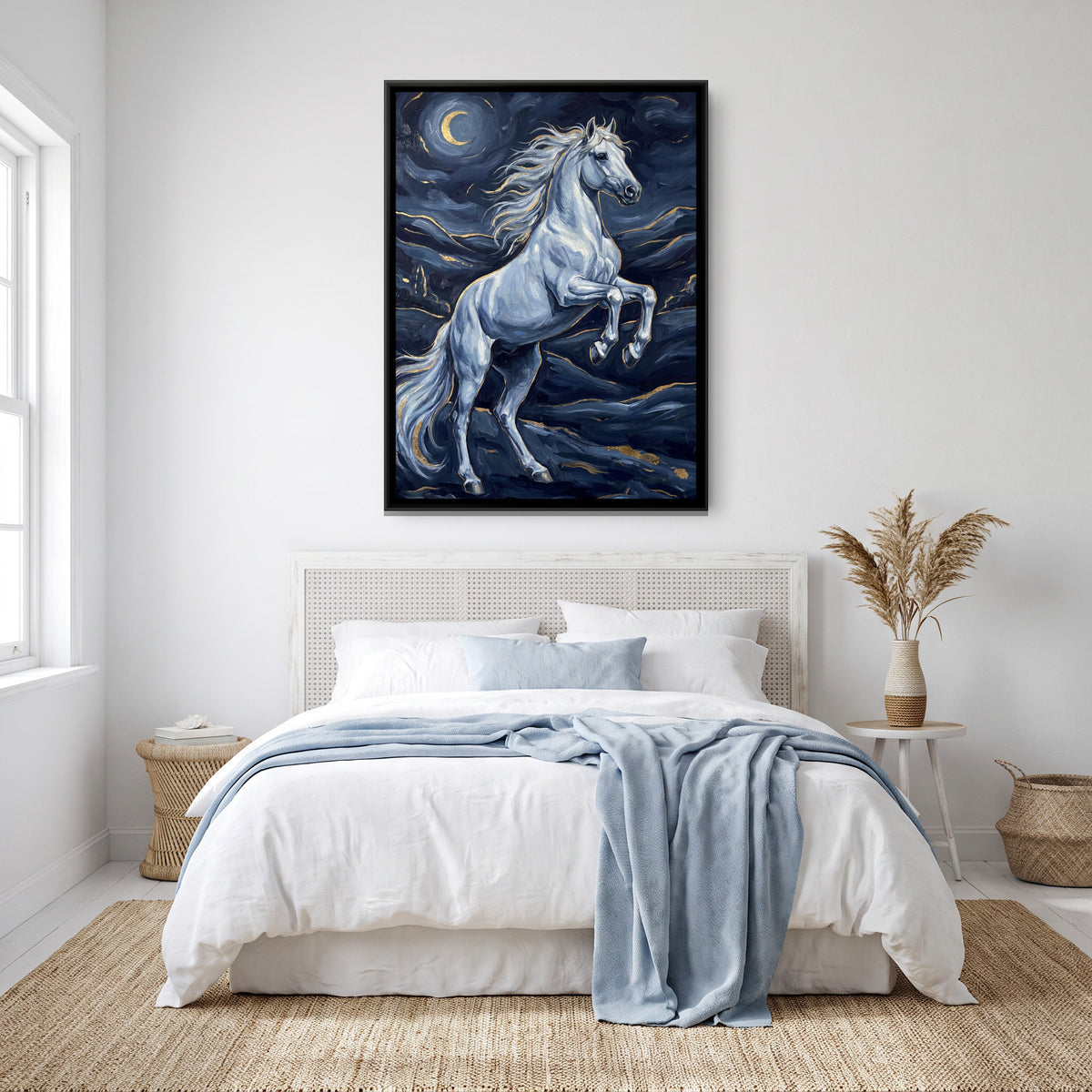 Rearing White Horse — canvas art shown in a styled room