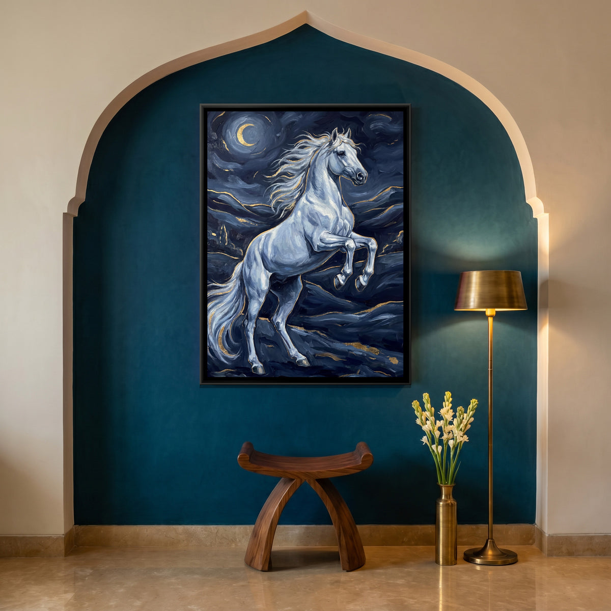 Rearing White Horse — canvas art shown in a second room setting