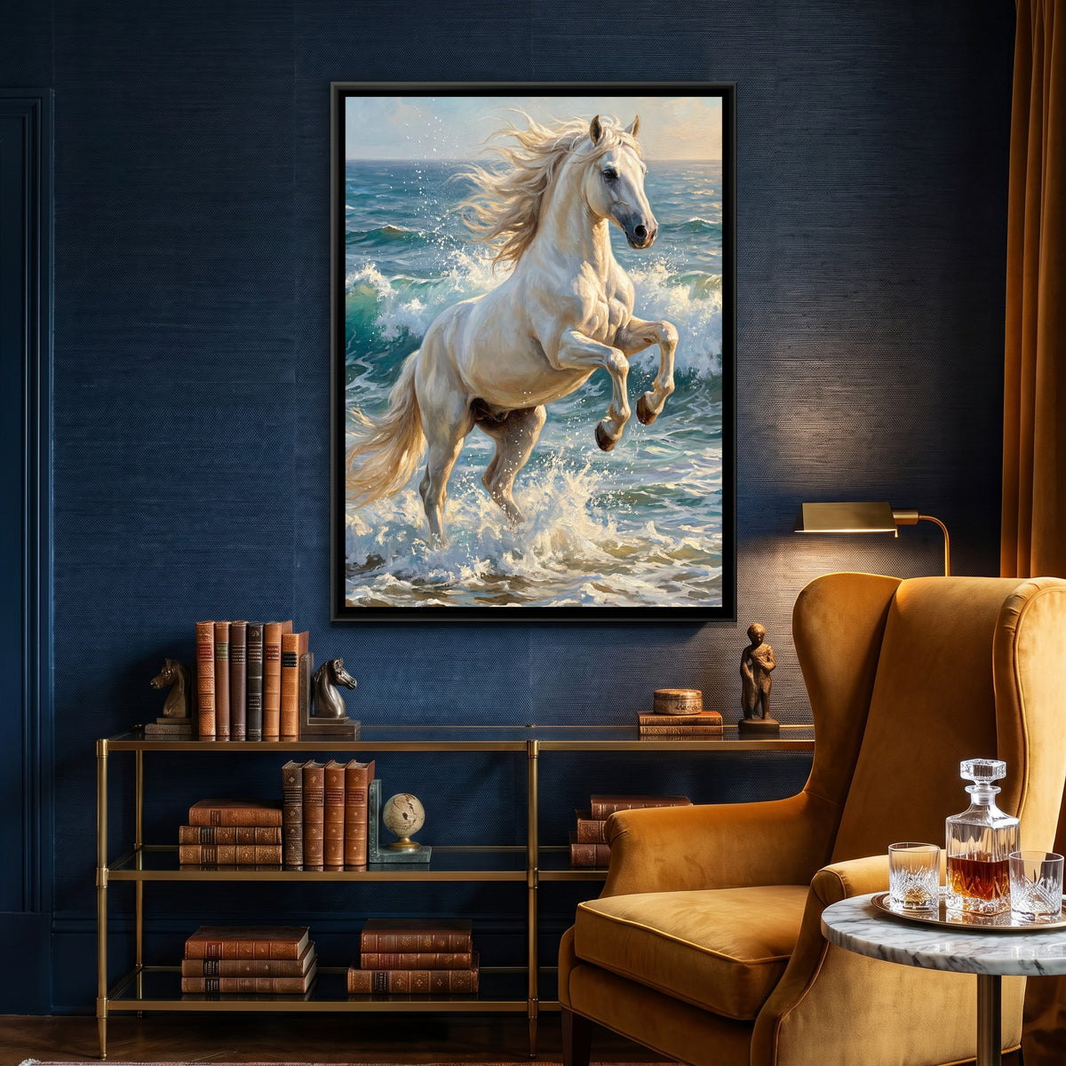 Rearing White Horse — canvas art shown in a second room setting