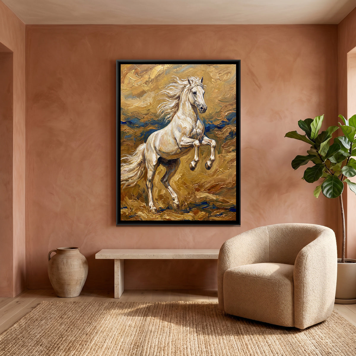 Rearing White Horse — canvas art shown in a second room setting