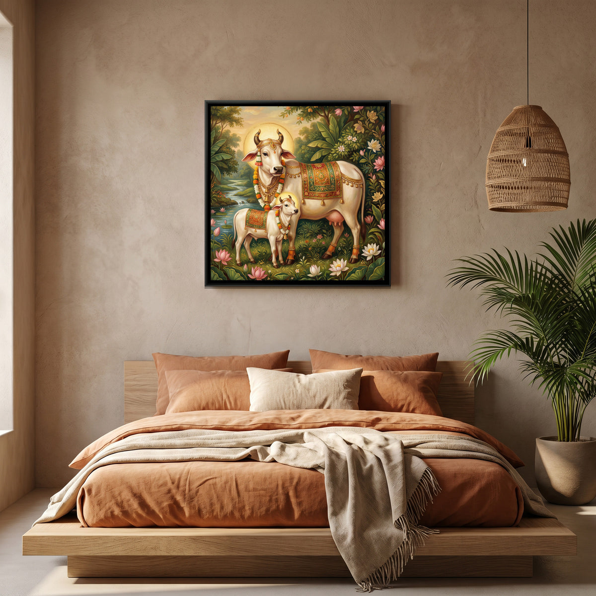 Kamadhenu Cow and Calf — canvas art shown in a second room setting