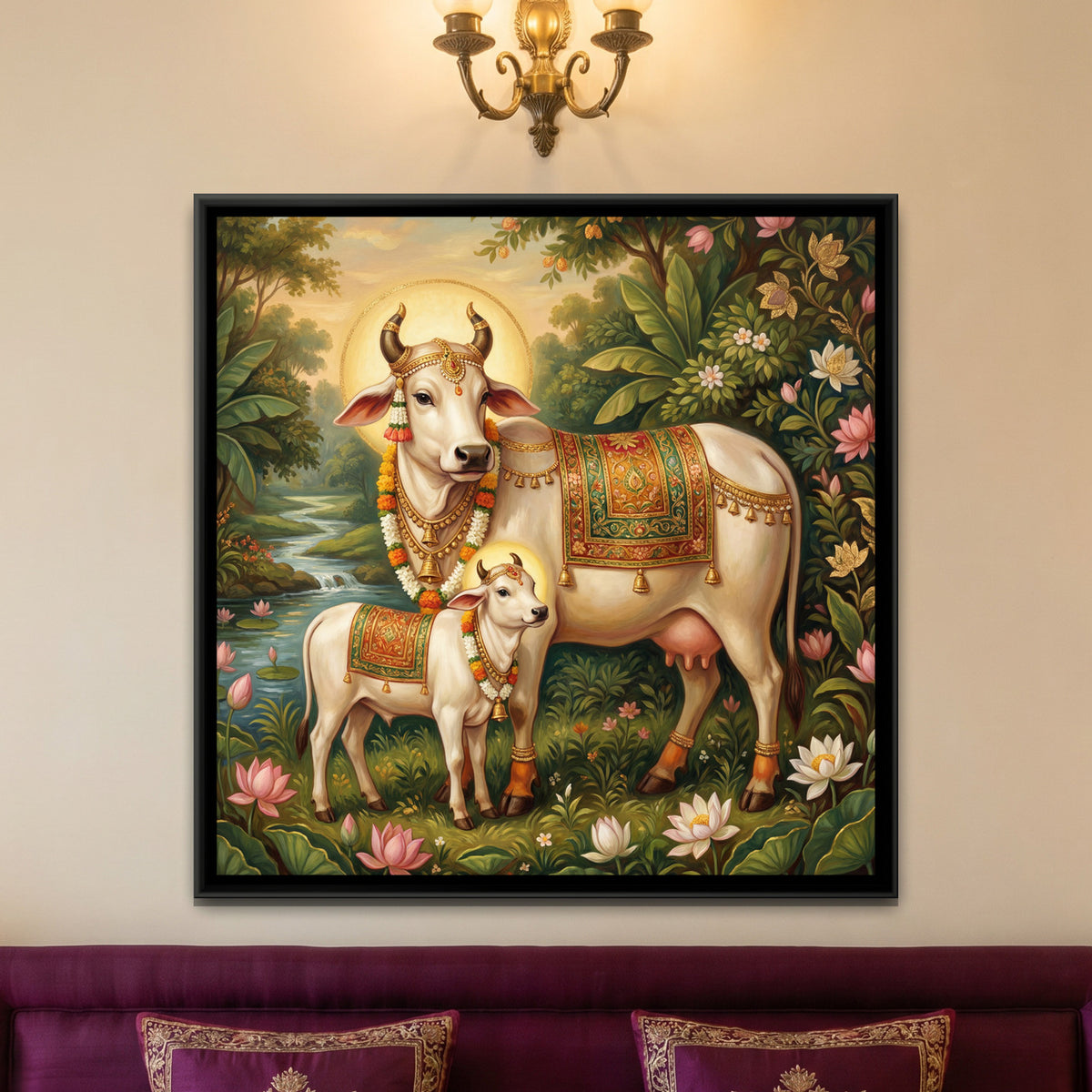 Kamadhenu Cow and Calf — framed canvas art hung on a wall