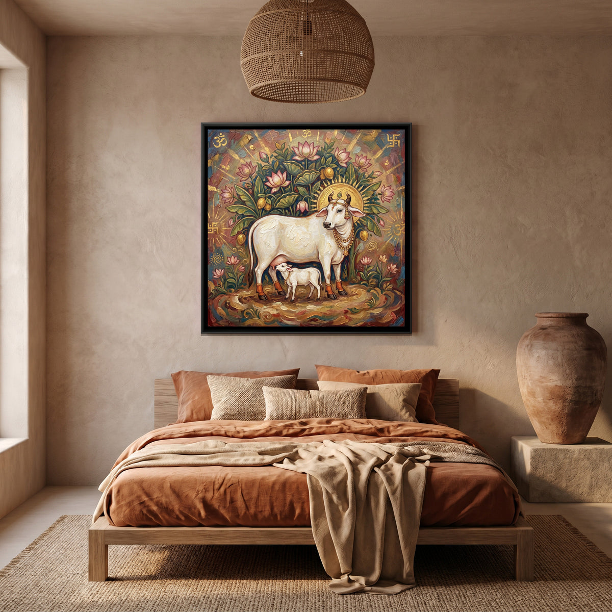 Kamadhenu Cow and Calf — canvas art shown in a second room setting