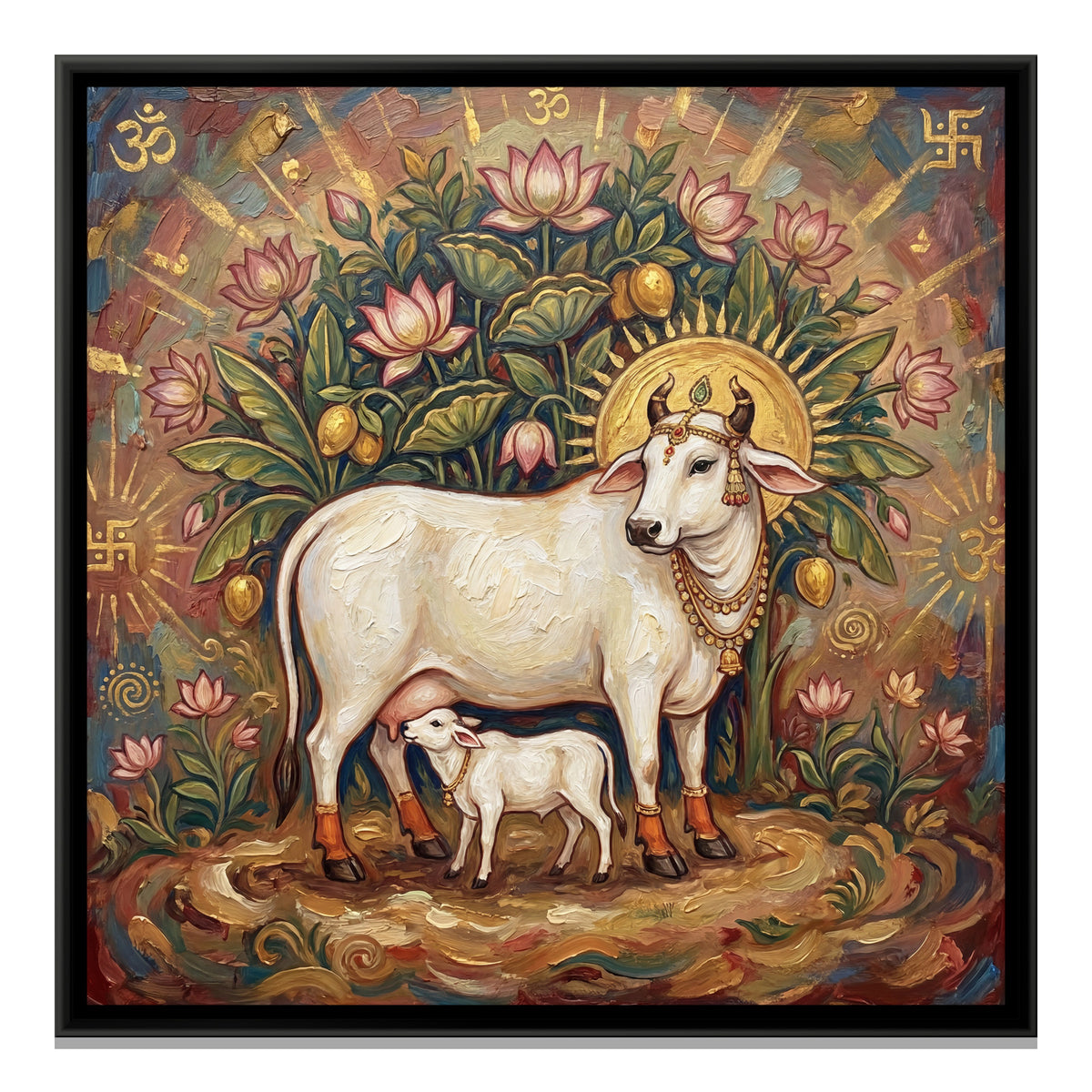 Kamadhenu Cow and Calf — framed canvas print, front view