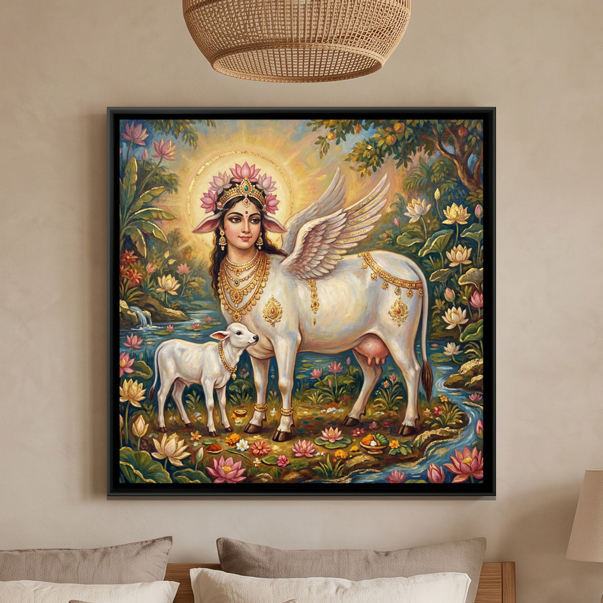 Kamadhenu Cow and Calf — framed canvas art hung on a wall