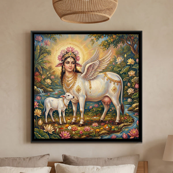Kamadhenu Cow and Calf — framed canvas art hung on a wall