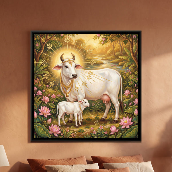 Kamadhenu Cow and Calf — framed canvas art hung on a wall