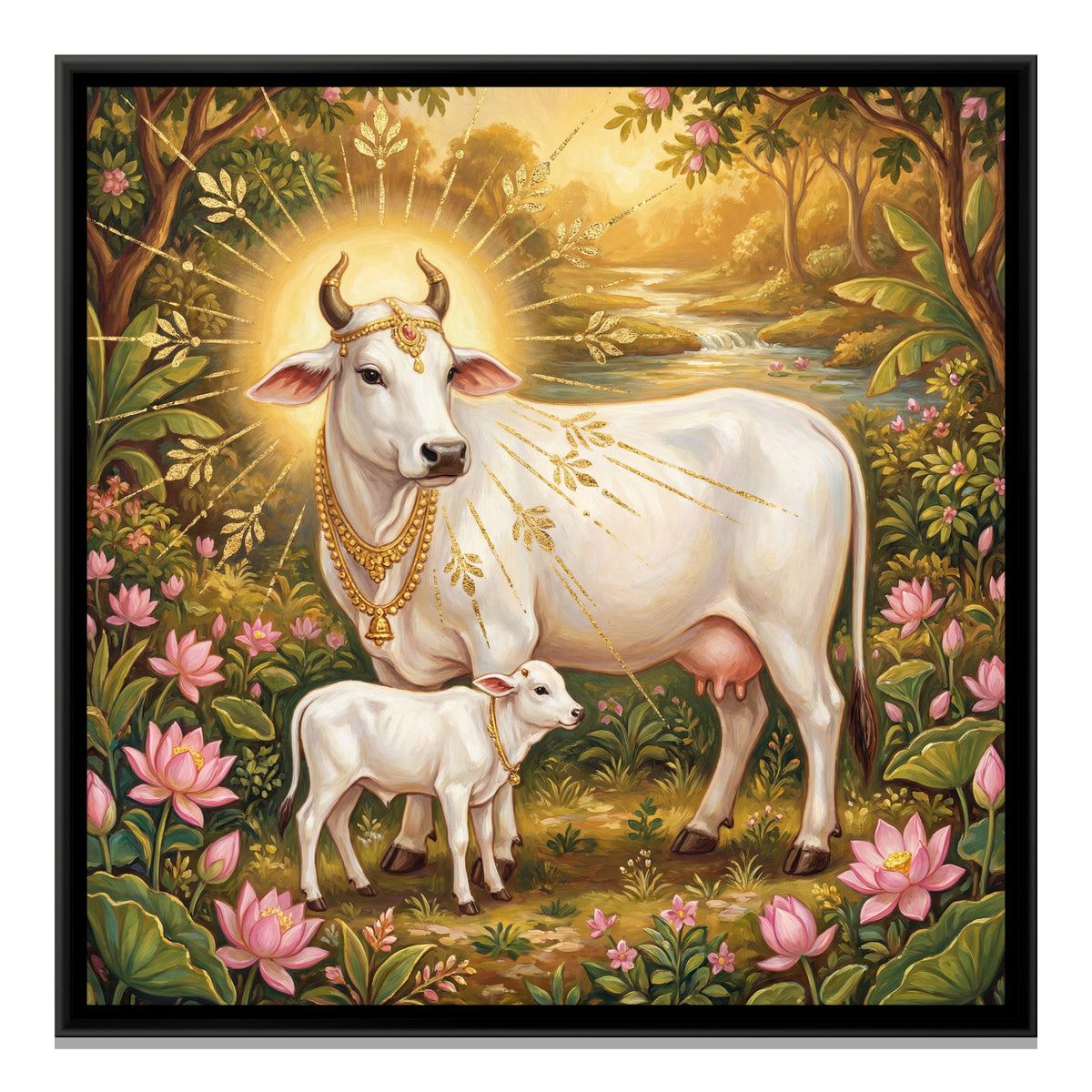 Kamadhenu Cow and Calf — framed canvas print, front view