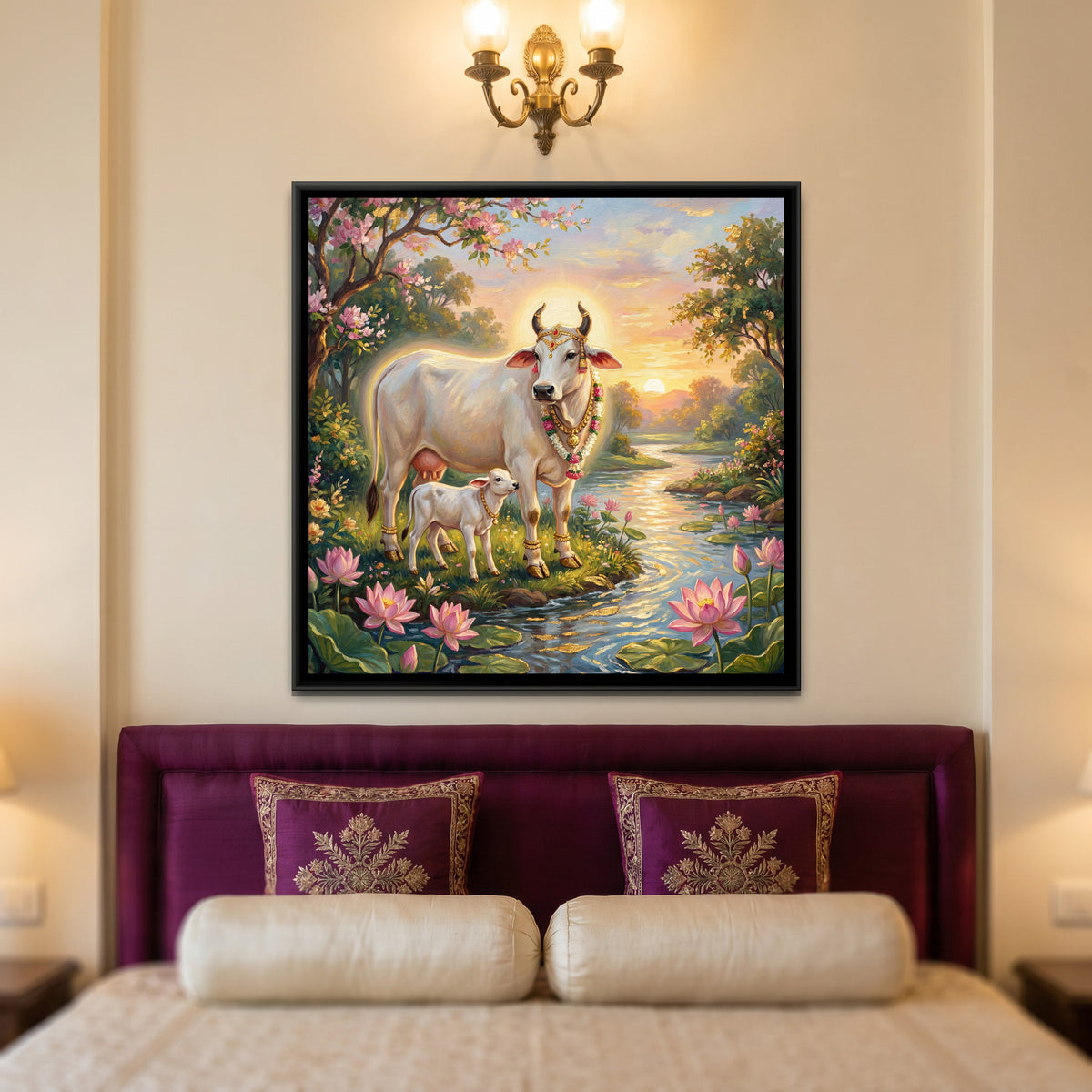 Kamadhenu Cow and Calf — canvas art shown in a second room setting