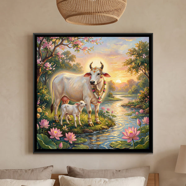 Kamadhenu Cow and Calf — framed canvas art hung on a wall
