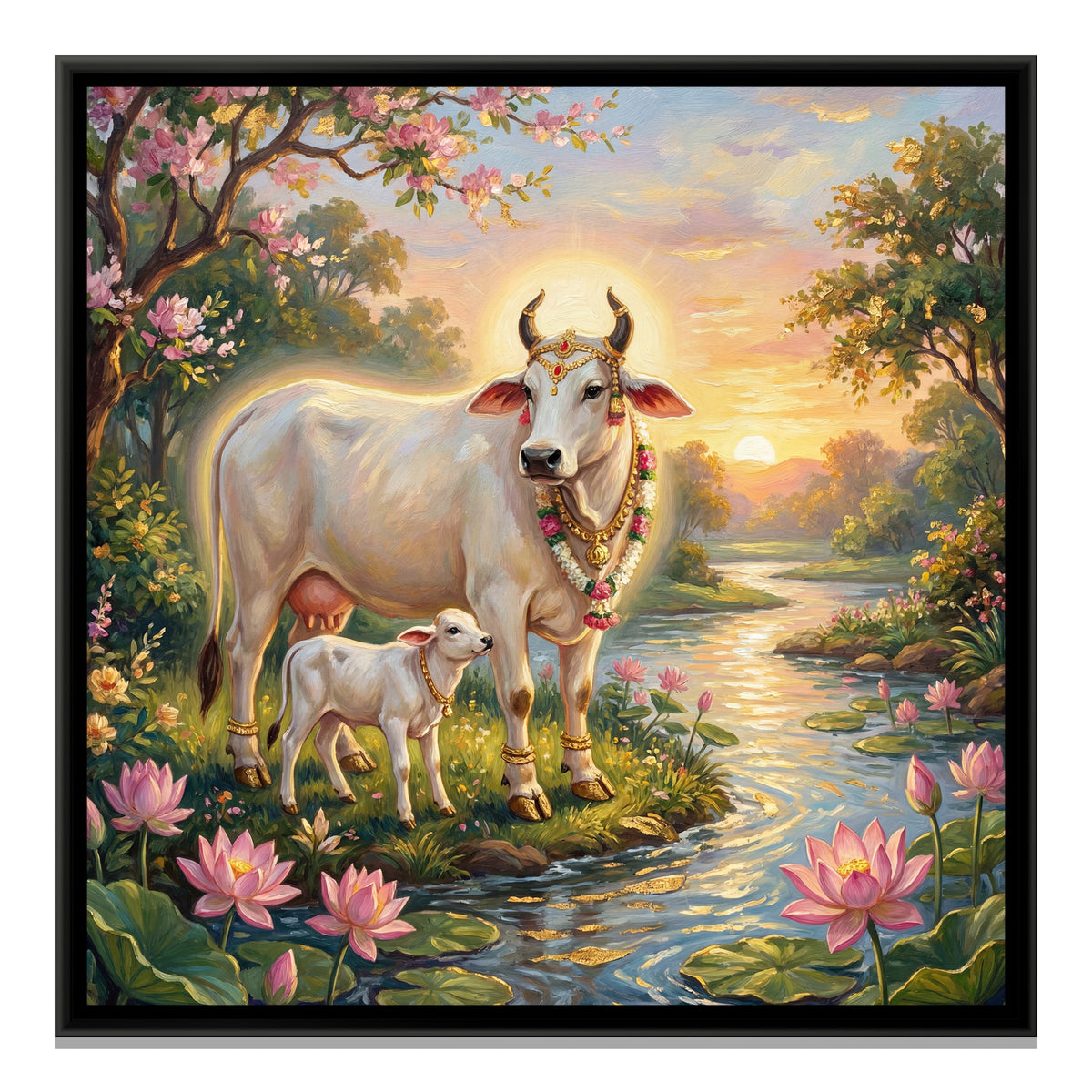 Kamadhenu Cow and Calf — framed canvas print, front view