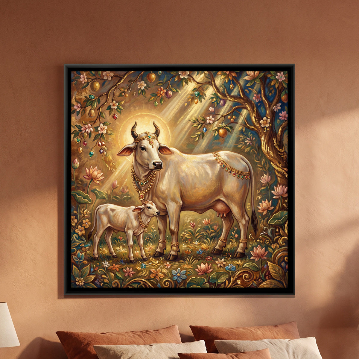 Kamadhenu Cow and Calf — framed canvas art hung on a wall